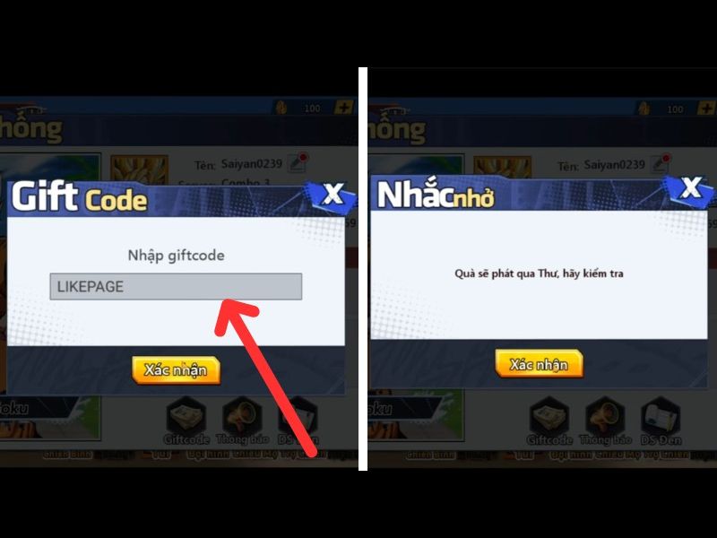 Nhập một trong những mã giftcode, sau đó nhấn vào nút Xác nhận