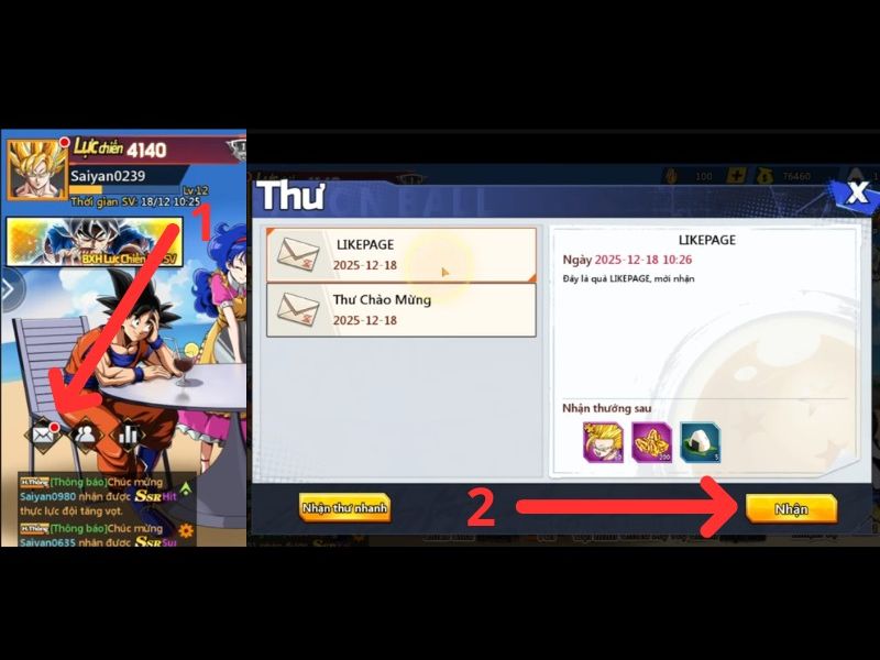 Ấn vào nút Nhận tại mục thư mã code game